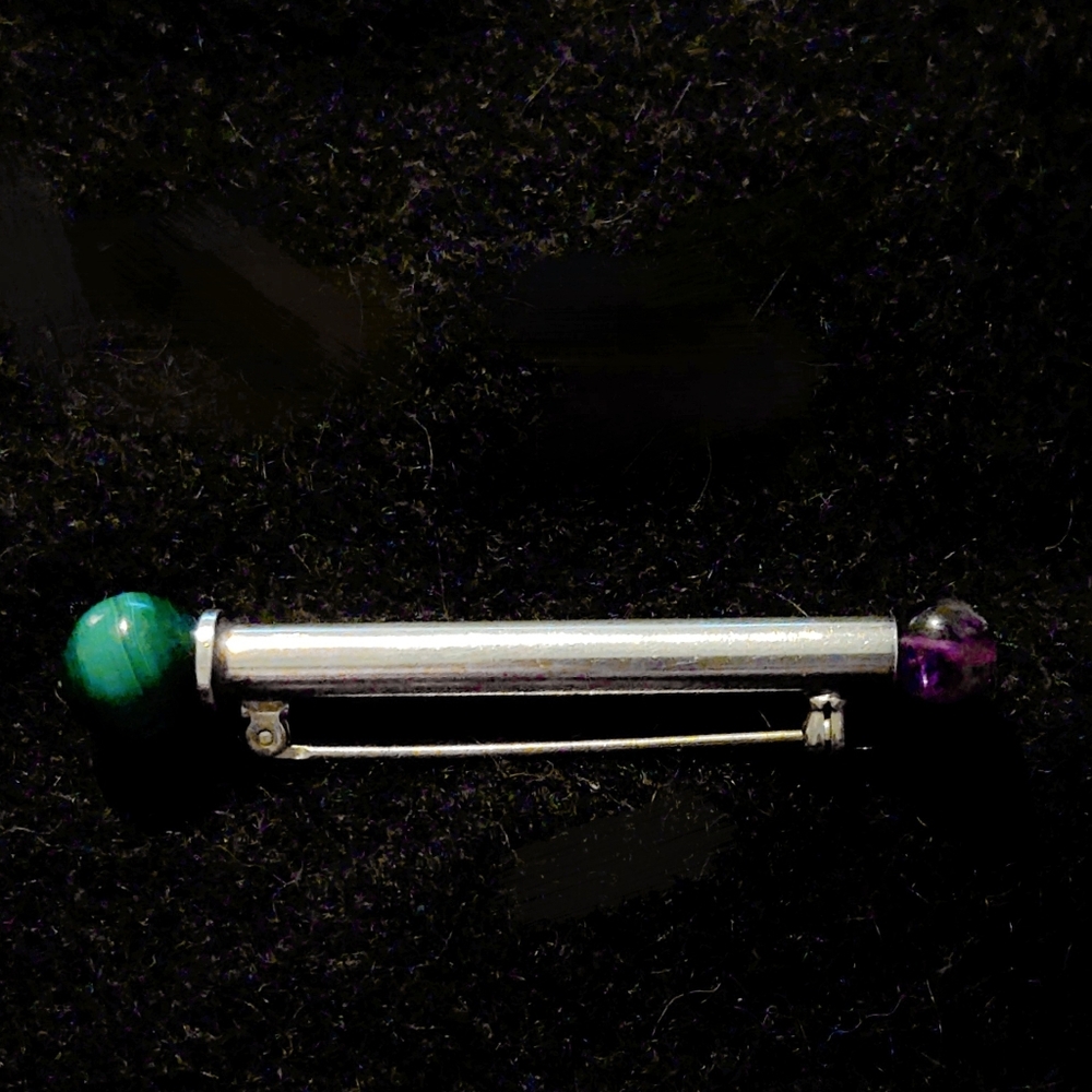 Vintage Mid-Century Modern Sterling Silver Amethyst & Malachite Orb Broo…